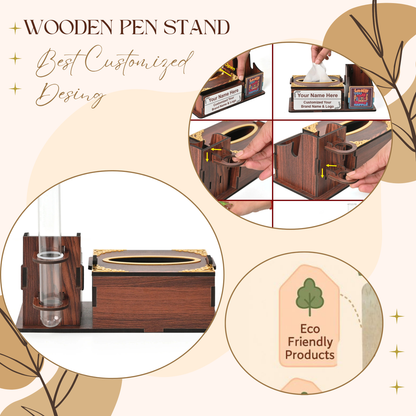 WoodHeart Wooden Tissue Box with Test Tube Flower Vase – Premium Desk Decor