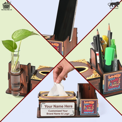 WoodHeart Wooden Tissue Box with Test Tube Flower Vase – Premium Desk Decor