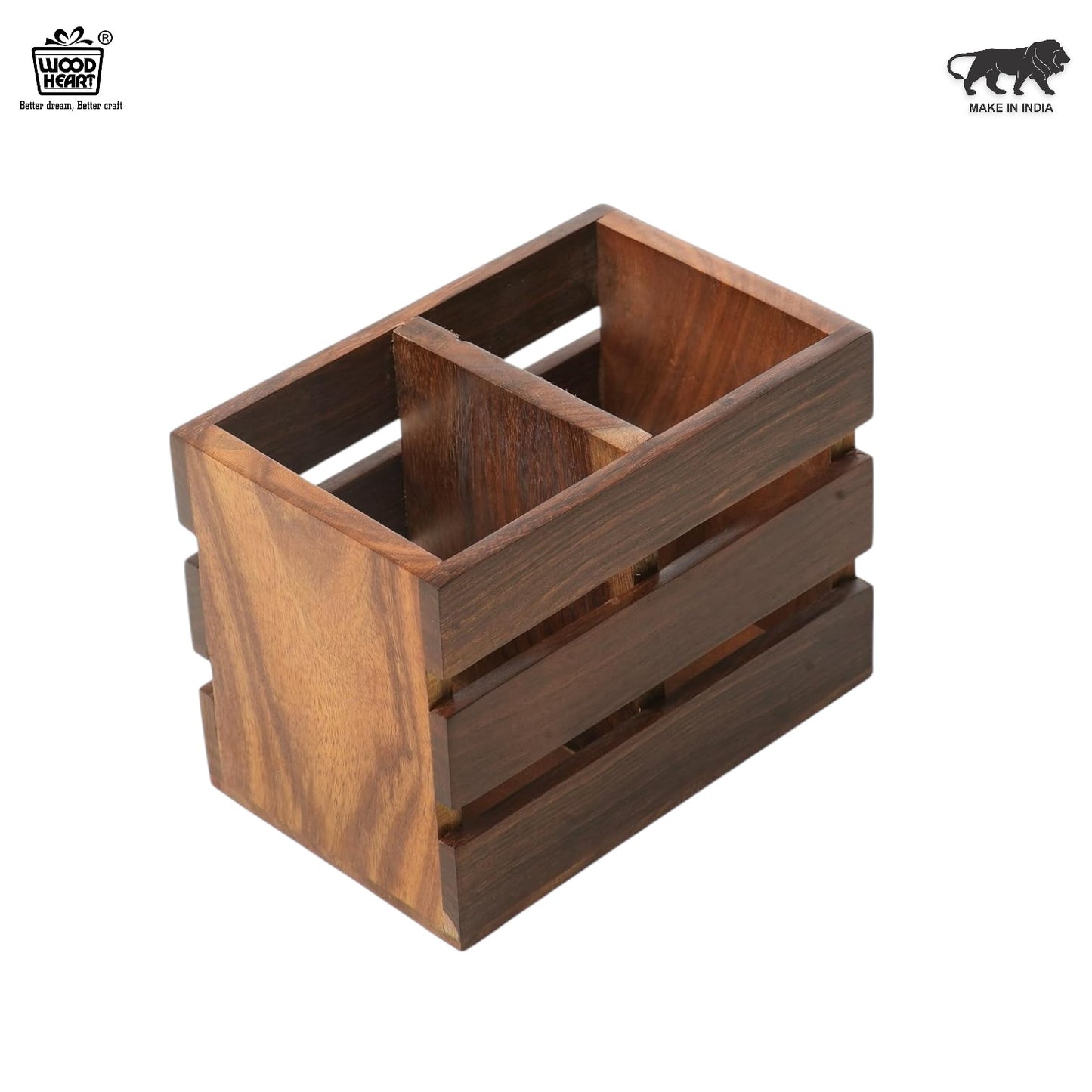 WoodHeart Solid Sheesham Wooden Desk Organizer – Rustic Pen & Stationery Holder