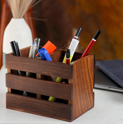 WoodHeart Solid Sheesham Wooden Desk Organizer – Rustic Pen & Stationery Holder