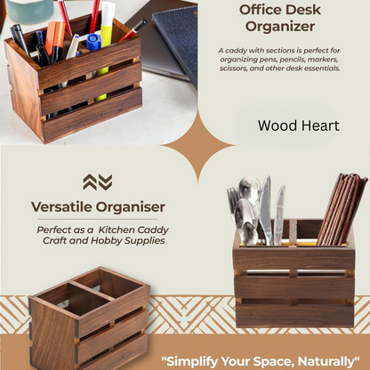 WoodHeart Solid Sheesham Wooden Desk Organizer – Rustic Pen & Stationery Holder