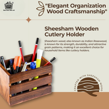 WoodHeart Solid Sheesham Wooden Desk Organizer – Rustic Pen & Stationery Holder
