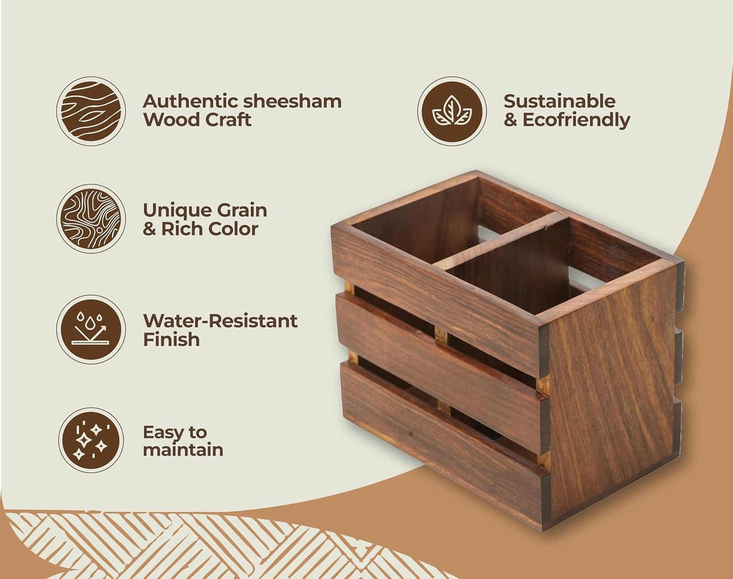 WoodHeart Solid Sheesham Wooden Desk Organizer – Rustic Pen & Stationery Holder