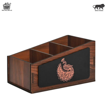 WoodHeart Designer Wooden Desk Organizer with Engraved Peacock Art