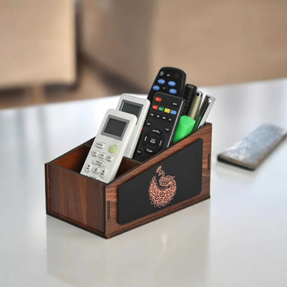 WoodHeart Designer Wooden Desk Organizer with Engraved Peacock Art