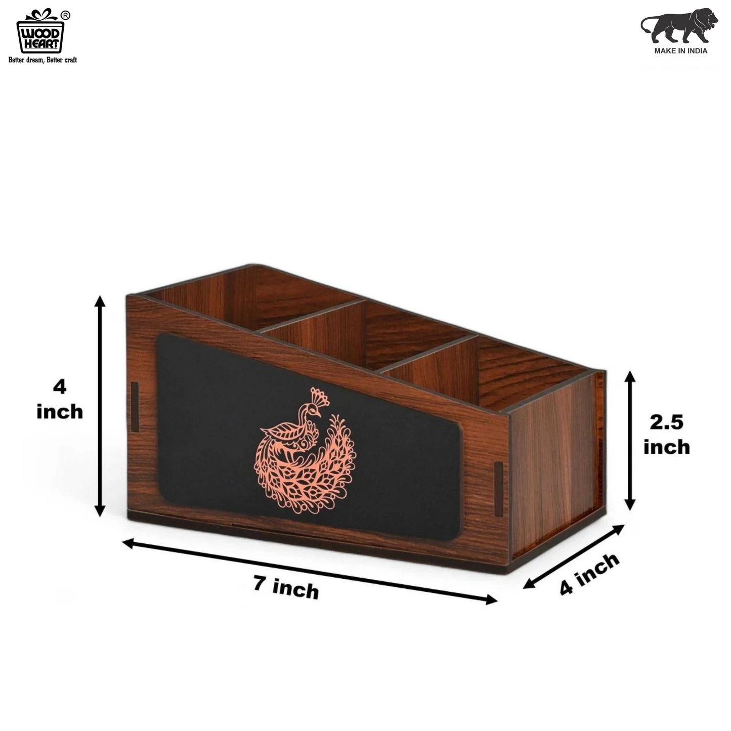 WoodHeart Designer Wooden Desk Organizer with Engraved Peacock Art