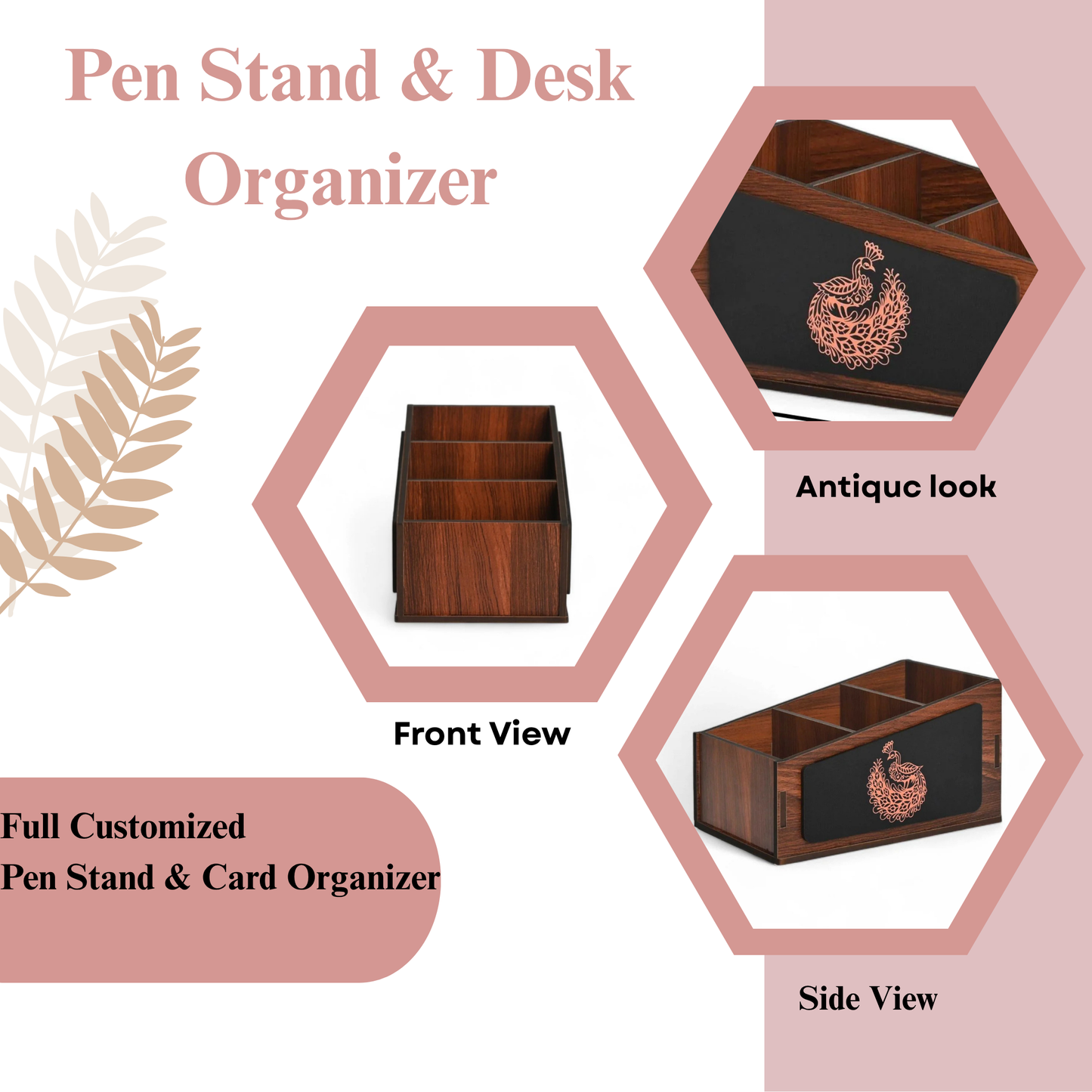 WoodHeart Designer Wooden Desk Organizer with Engraved Peacock Art