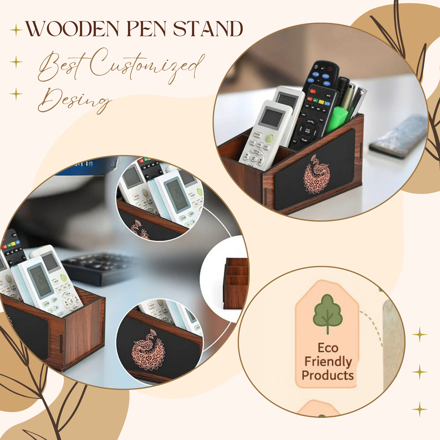 WoodHeart Designer Wooden Desk Organizer with Engraved Peacock Art