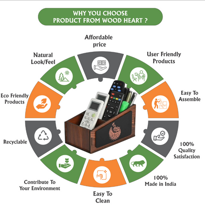 WoodHeart Designer Wooden Desk Organizer with Engraved Peacock Art