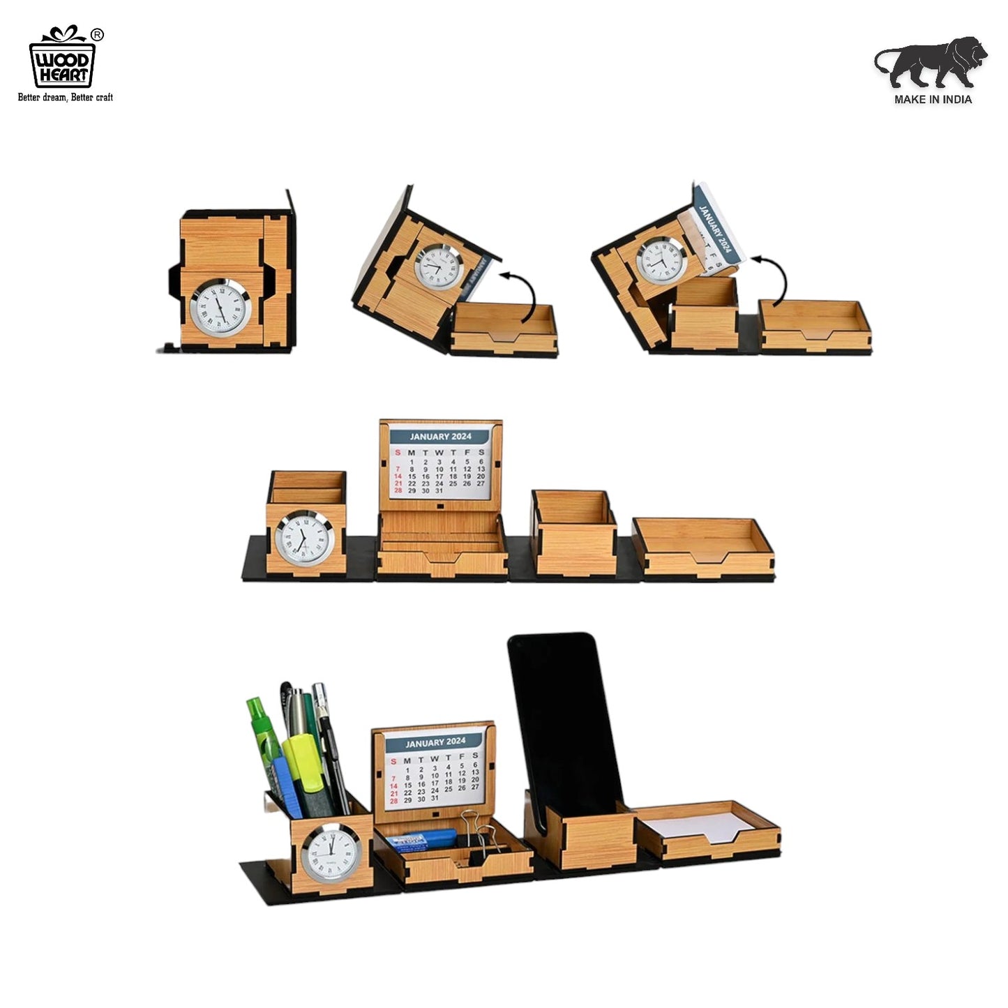 WoodHeart 5-in-1 Multifunctional Wooden Desk Organizer with Clock, Calendar & Phone Holder