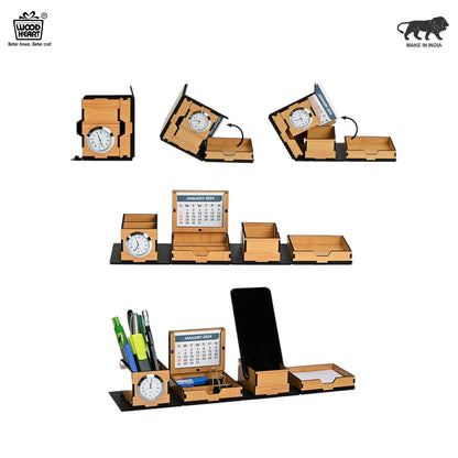 WoodHeart 5-in-1 Multifunctional Wooden Desk Organizer with Clock, Calendar & Phone Holder