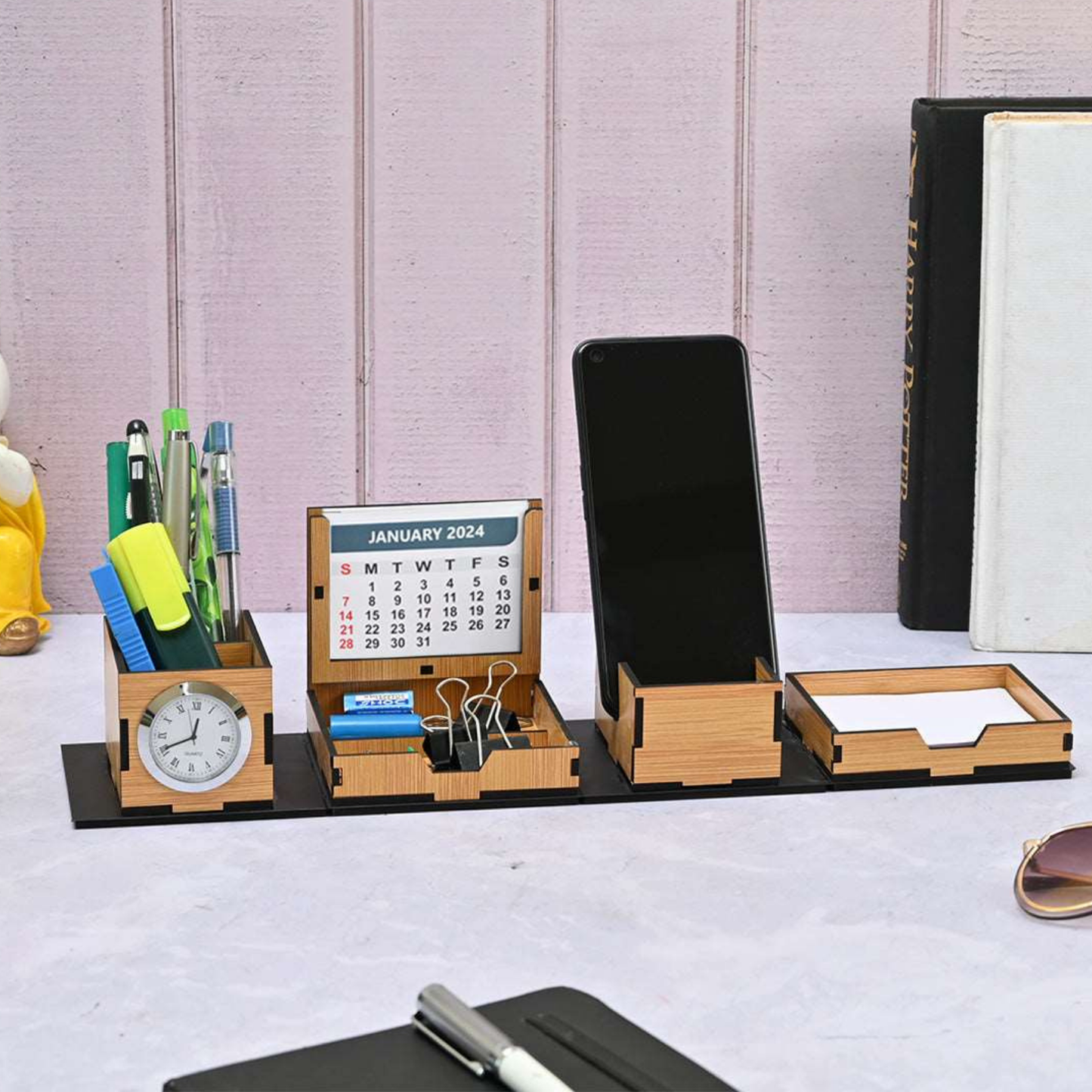 WoodHeart 5-in-1 Multifunctional Wooden Desk Organizer with Clock, Calendar & Phone Holder