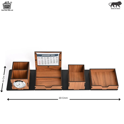 WoodHeart 5-in-1 Multifunctional Wooden Desk Organizer with Clock, Calendar & Phone Holder