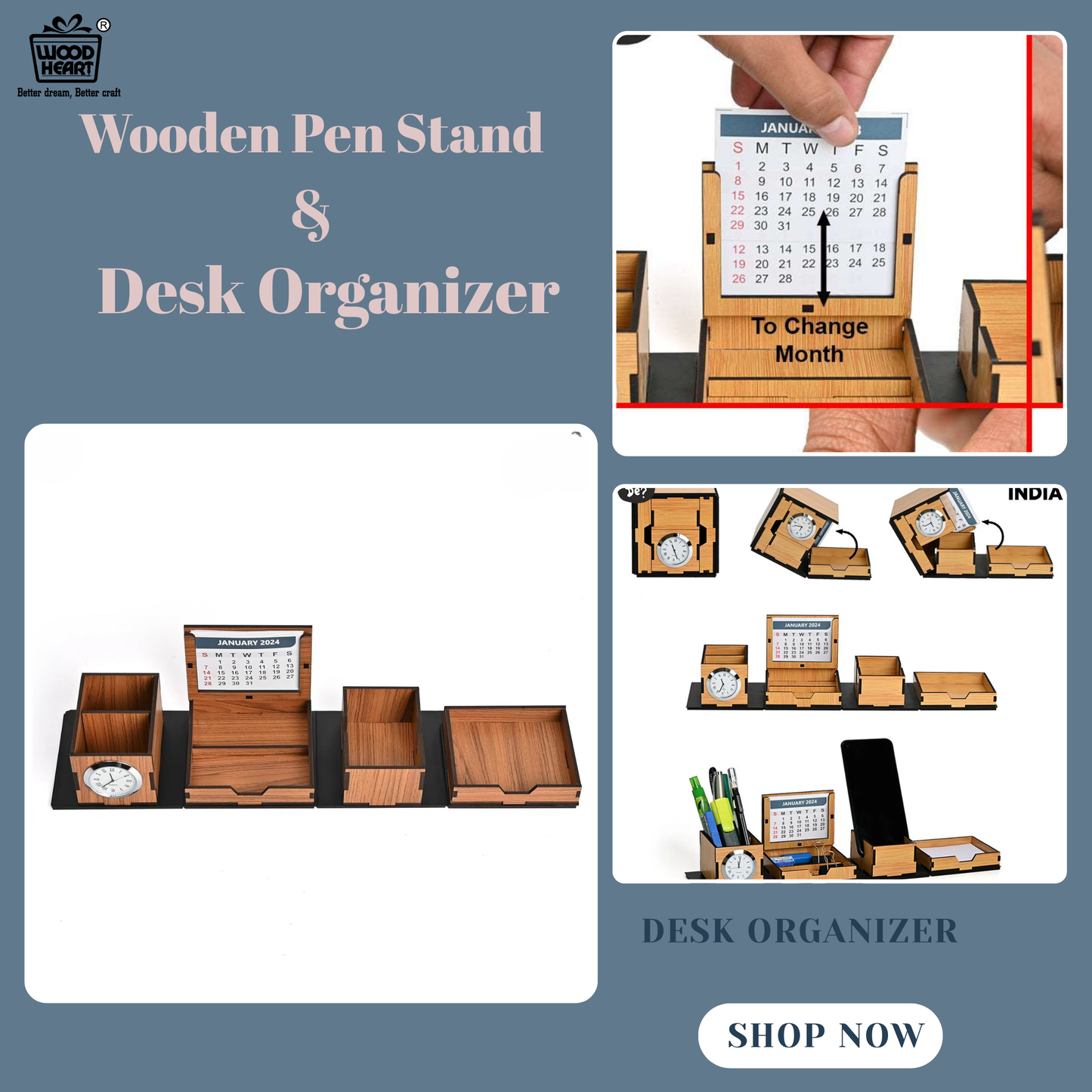 WoodHeart 5-in-1 Multifunctional Wooden Desk Organizer with Clock, Calendar & Phone Holder
