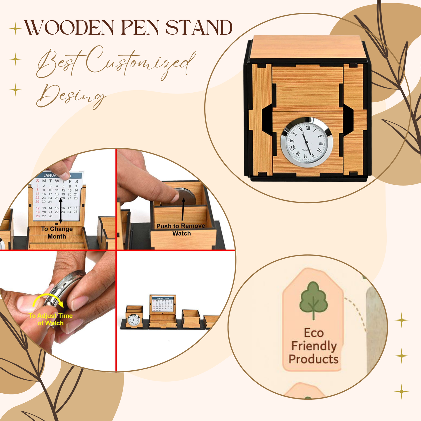 WoodHeart 5-in-1 Multifunctional Wooden Desk Organizer with Clock, Calendar & Phone Holder