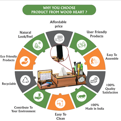 WoodHeart 5-in-1 Multifunctional Wooden Desk Organizer with Clock, Calendar & Phone Holder