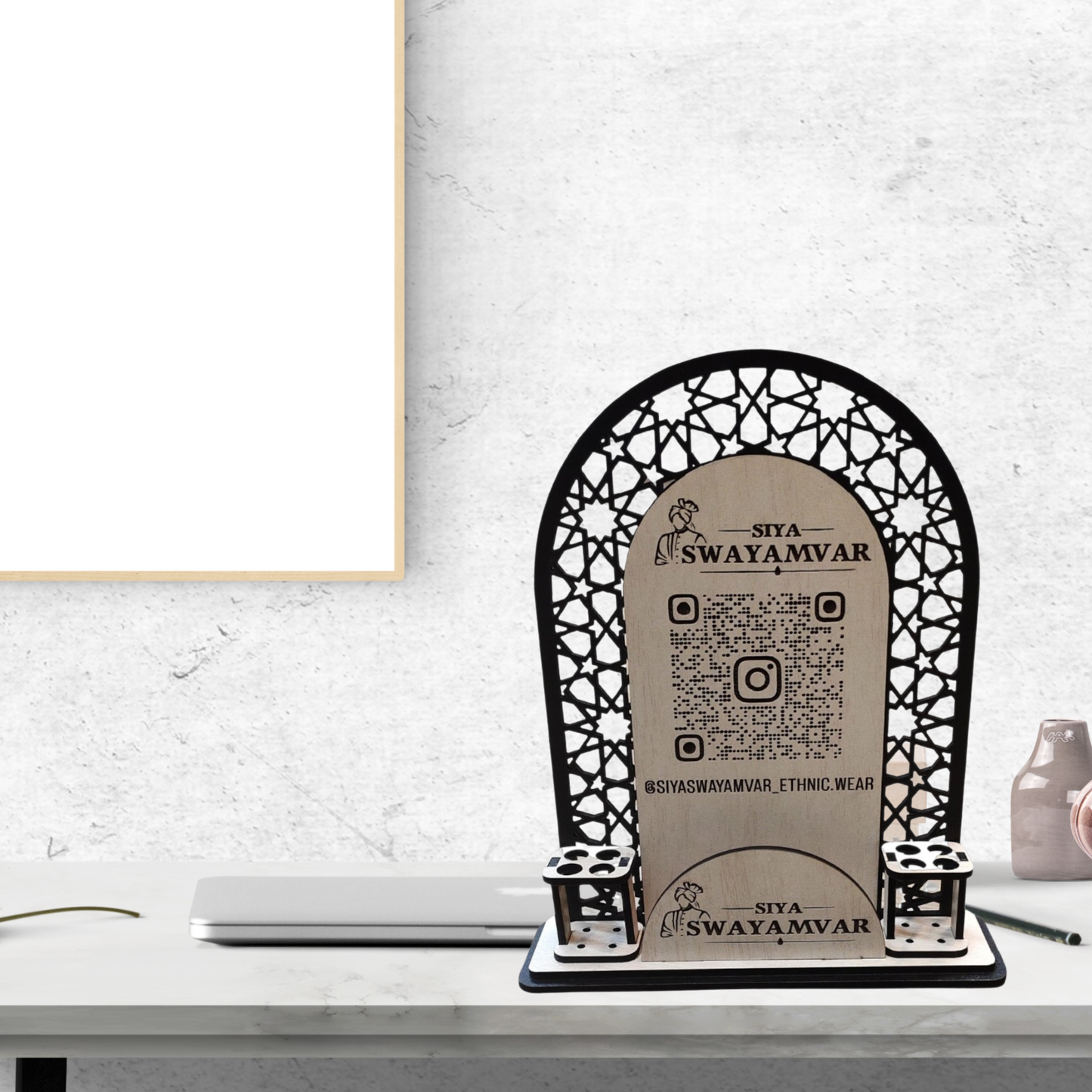 Wooden Custom QR Code Stand with Pen Holders