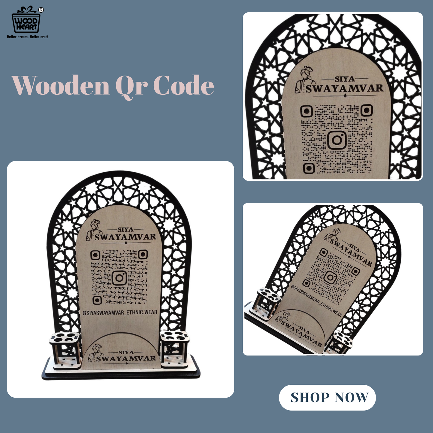 Wooden Custom QR Code Stand with Pen Holders