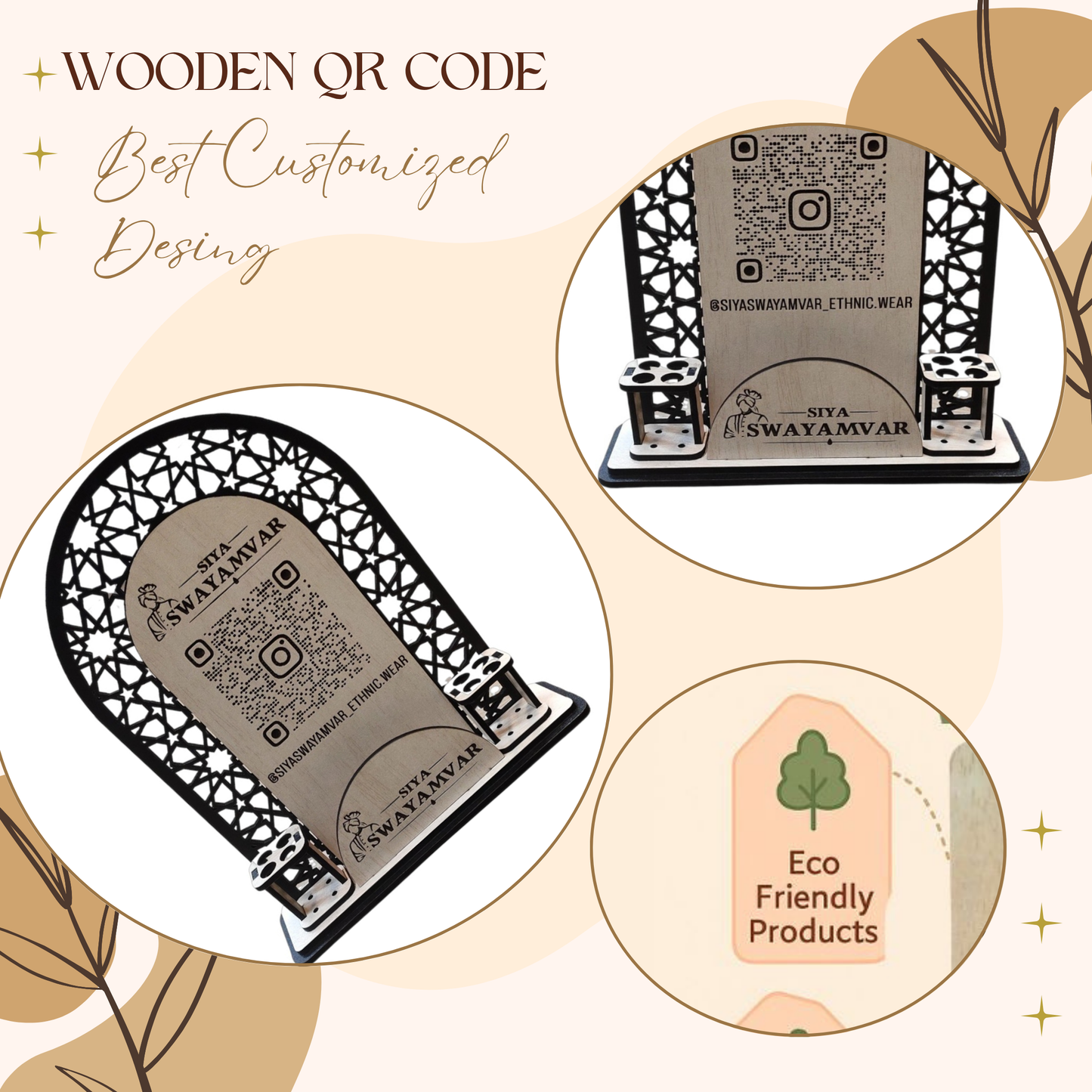 Wooden Custom QR Code Stand with Pen Holders