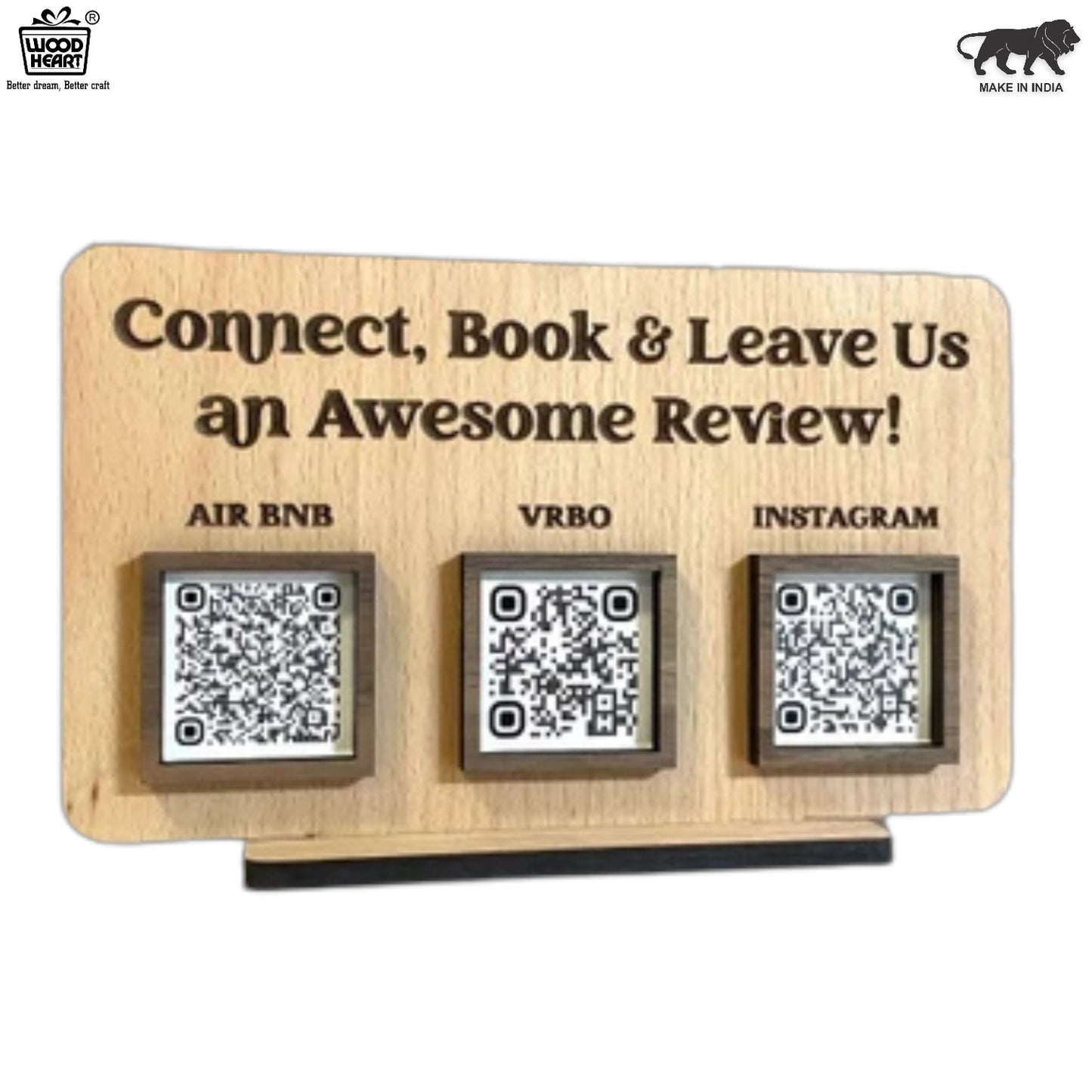 Wooden QR Code Review Stand – Triple Slot (Airbnb, VRBO, Instagram)