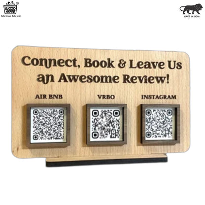 Wooden QR Code Review Stand – Triple Slot (Airbnb, VRBO, Instagram)
