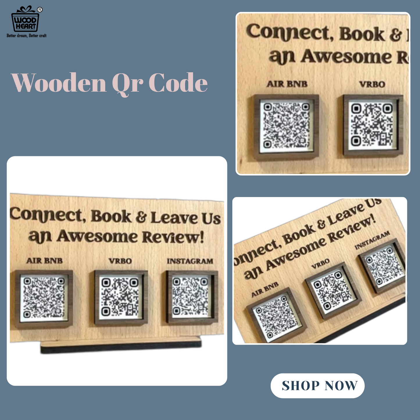 Wooden QR Code Review Stand – Triple Slot (Airbnb, VRBO, Instagram)