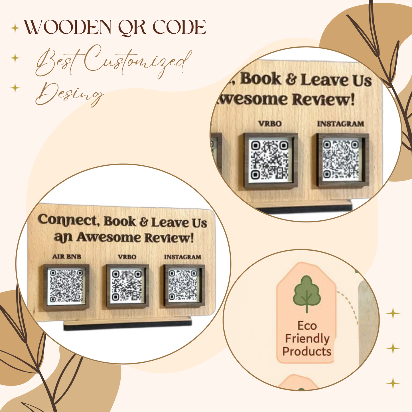Wooden QR Code Review Stand – Triple Slot (Airbnb, VRBO, Instagram)