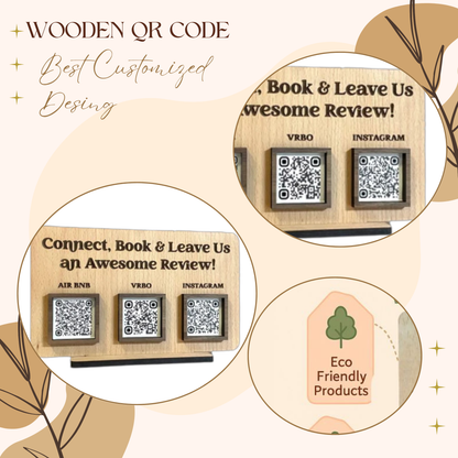 Wooden QR Code Review Stand – Triple Slot (Airbnb, VRBO, Instagram)