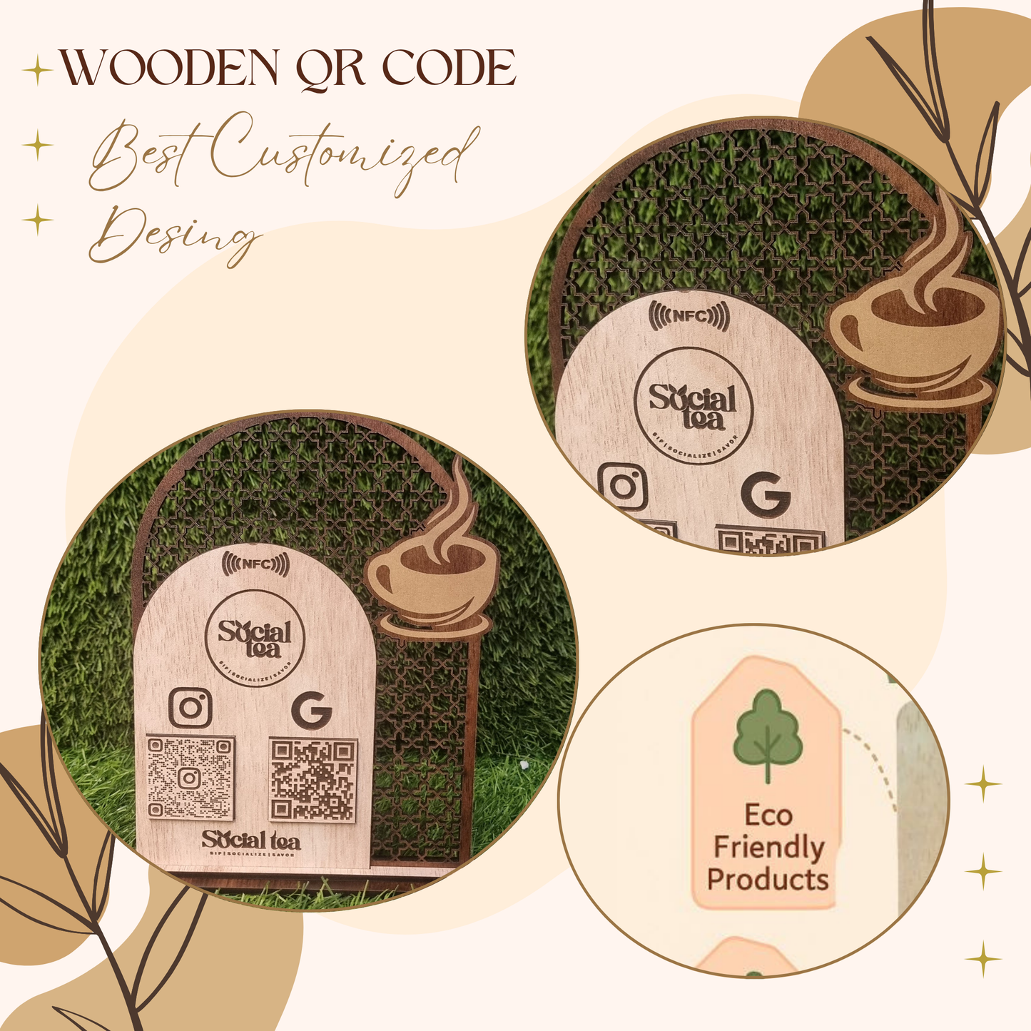 Wooden NFC & QR Code Social Media Stand – Café Edition