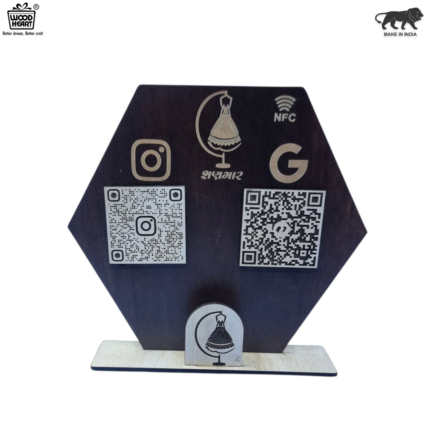 Wooden Hexagon NFC & QR Code Social Media Stand – Boutique Edition