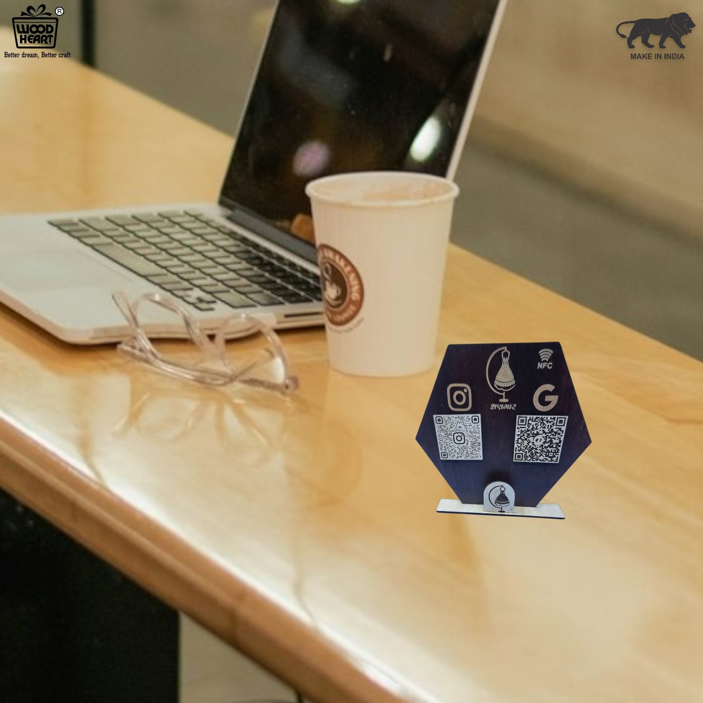 Wooden Hexagon NFC & QR Code Social Media Stand – Boutique Edition