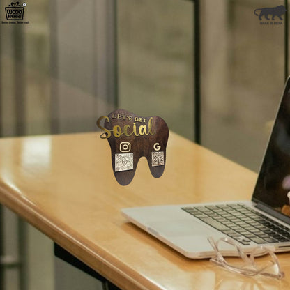 Wooden Tooth-Shaped NFC & QR Code Social Media Stand – Dental Clinic Edition