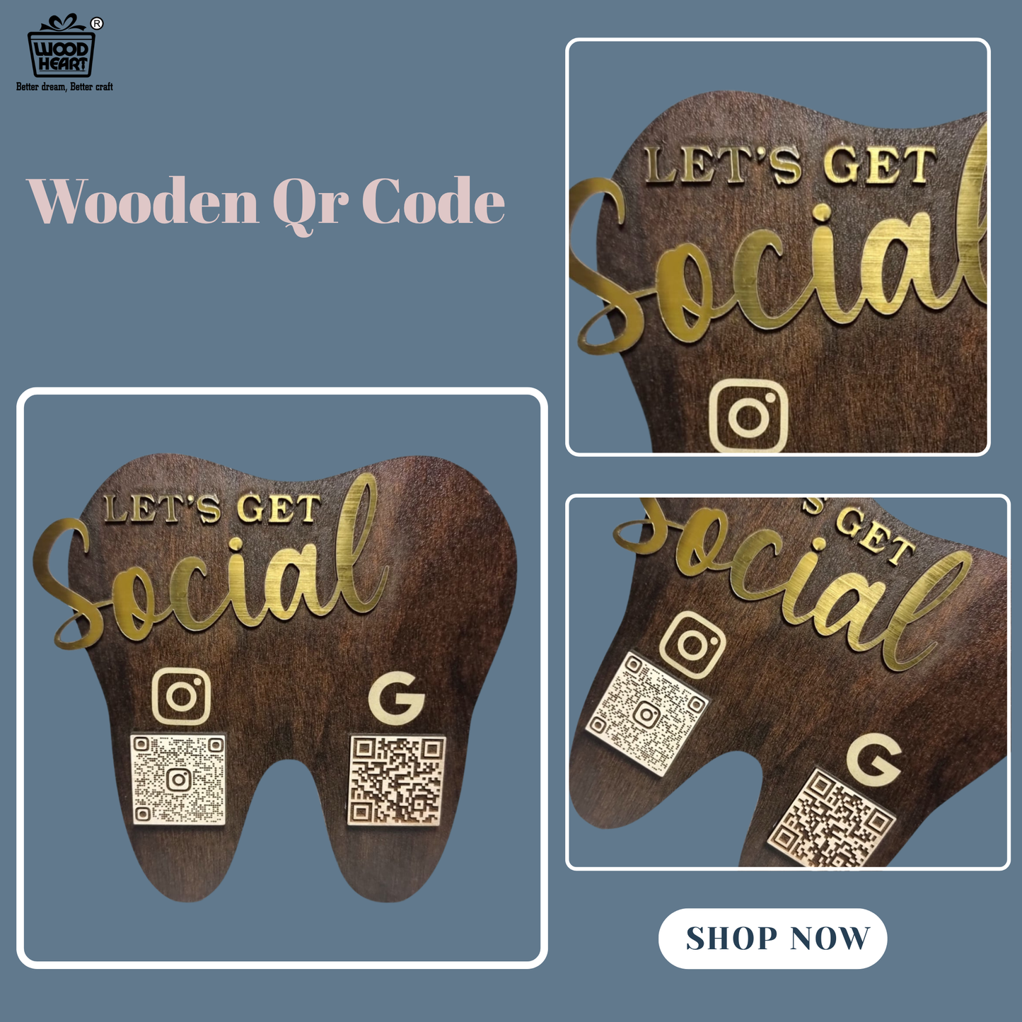 Wooden Tooth-Shaped NFC & QR Code Social Media Stand – Dental Clinic Edition