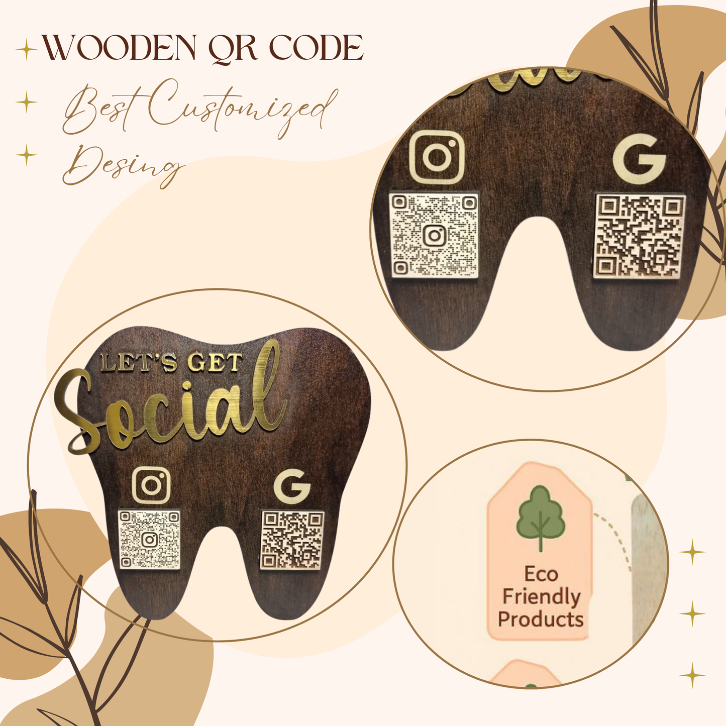 Wooden Tooth-Shaped NFC & QR Code Social Media Stand – Dental Clinic Edition