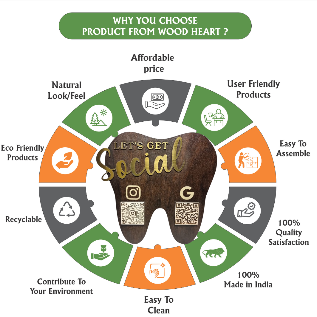 Wooden Tooth-Shaped NFC & QR Code Social Media Stand – Dental Clinic Edition