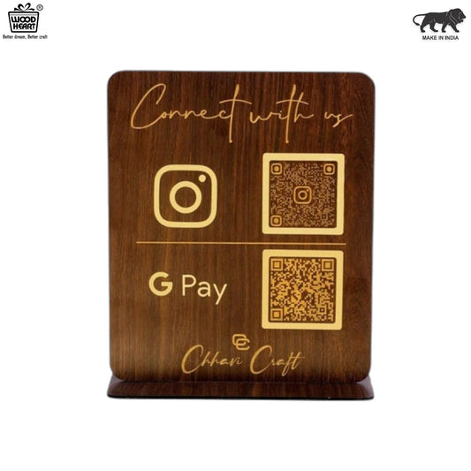 Wooden Instagram & GPay QR Code Stand – Business Counter Display