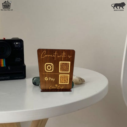 Wooden Instagram & GPay QR Code Stand – Business Counter Display