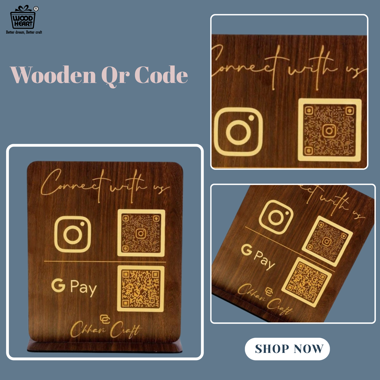 Wooden Instagram & GPay QR Code Stand – Business Counter Display