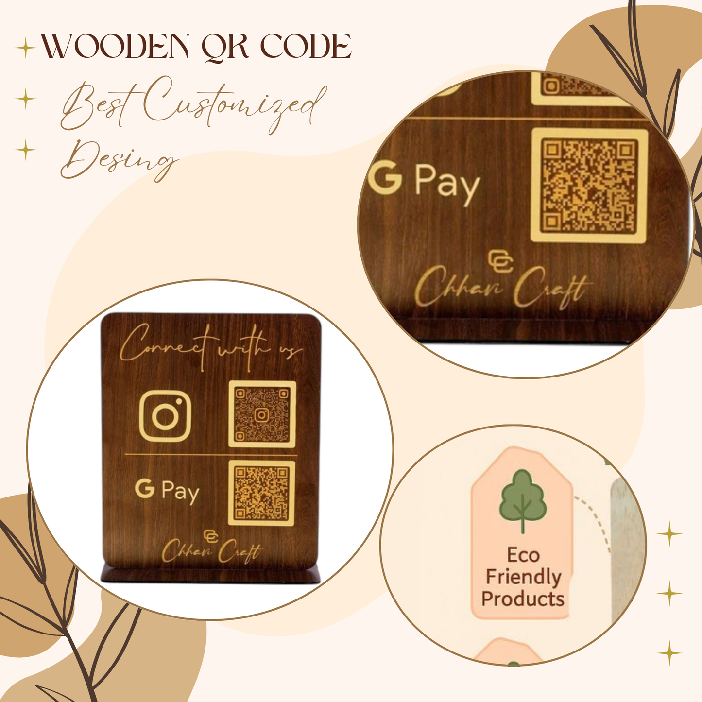 Wooden Instagram & GPay QR Code Stand – Business Counter Display