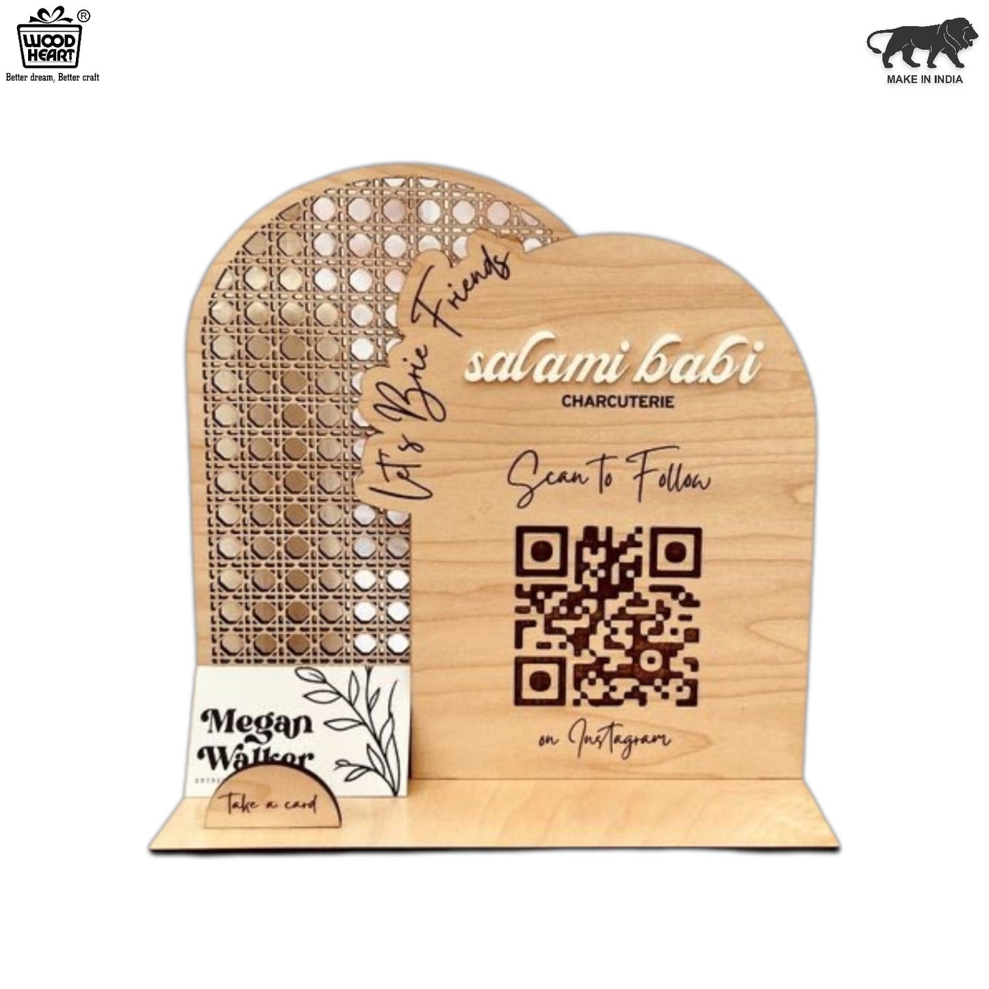 Wooden Instagram QR Code Stand with Business Card Holder – Arch & Rattan Design
