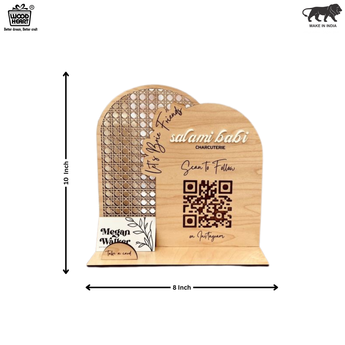Wooden Instagram QR Code Stand with Business Card Holder – Arch & Rattan Design