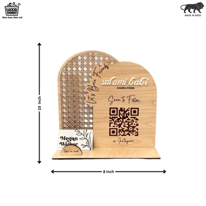 Wooden Instagram QR Code Stand with Business Card Holder – Arch & Rattan Design