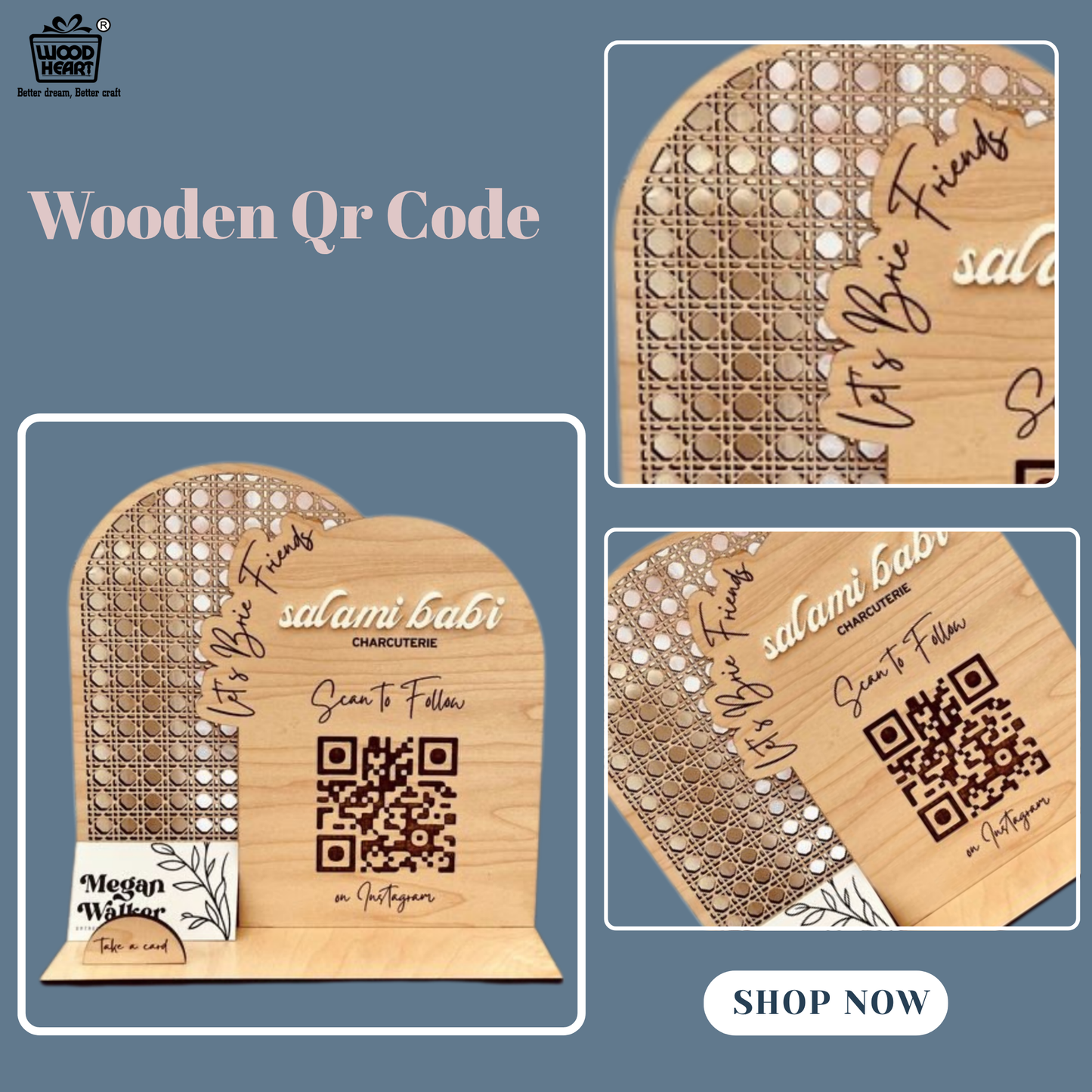 Wooden Instagram QR Code Stand with Business Card Holder – Arch & Rattan Design