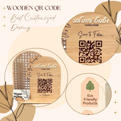 Wooden Instagram QR Code Stand with Business Card Holder – Arch & Rattan Design