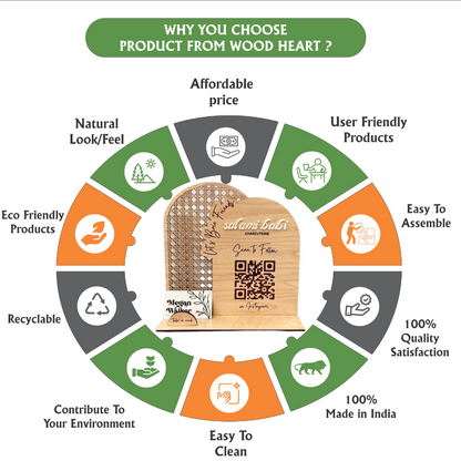 Wooden Instagram QR Code Stand with Business Card Holder – Arch & Rattan Design