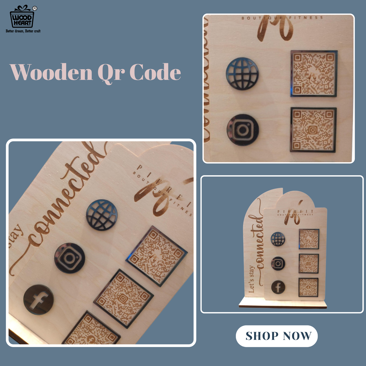 Wooden Multi-Platform QR Code Stand – “Let’s Stay Connected” Design