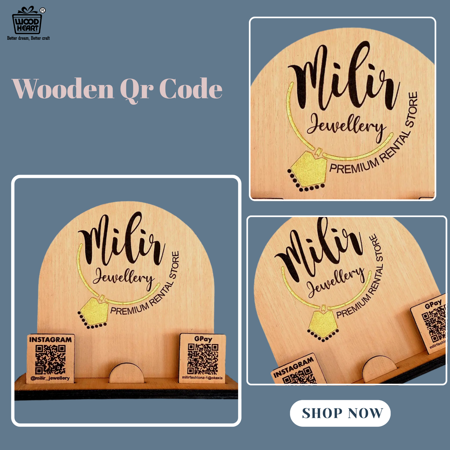 Wooden Dual QR Code Display Stand – Jewellery Store Edition