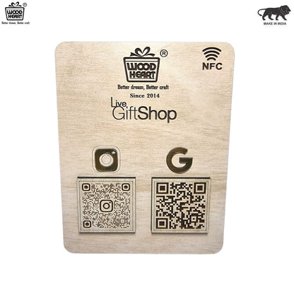 Wooden NFC & Dual QR Code Display Stand – Gift Shop Edition
