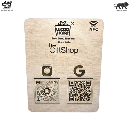 Wooden NFC & Dual QR Code Display Stand – Gift Shop Edition