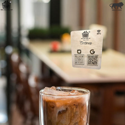 Wooden NFC & Dual QR Code Display Stand – Gift Shop Edition